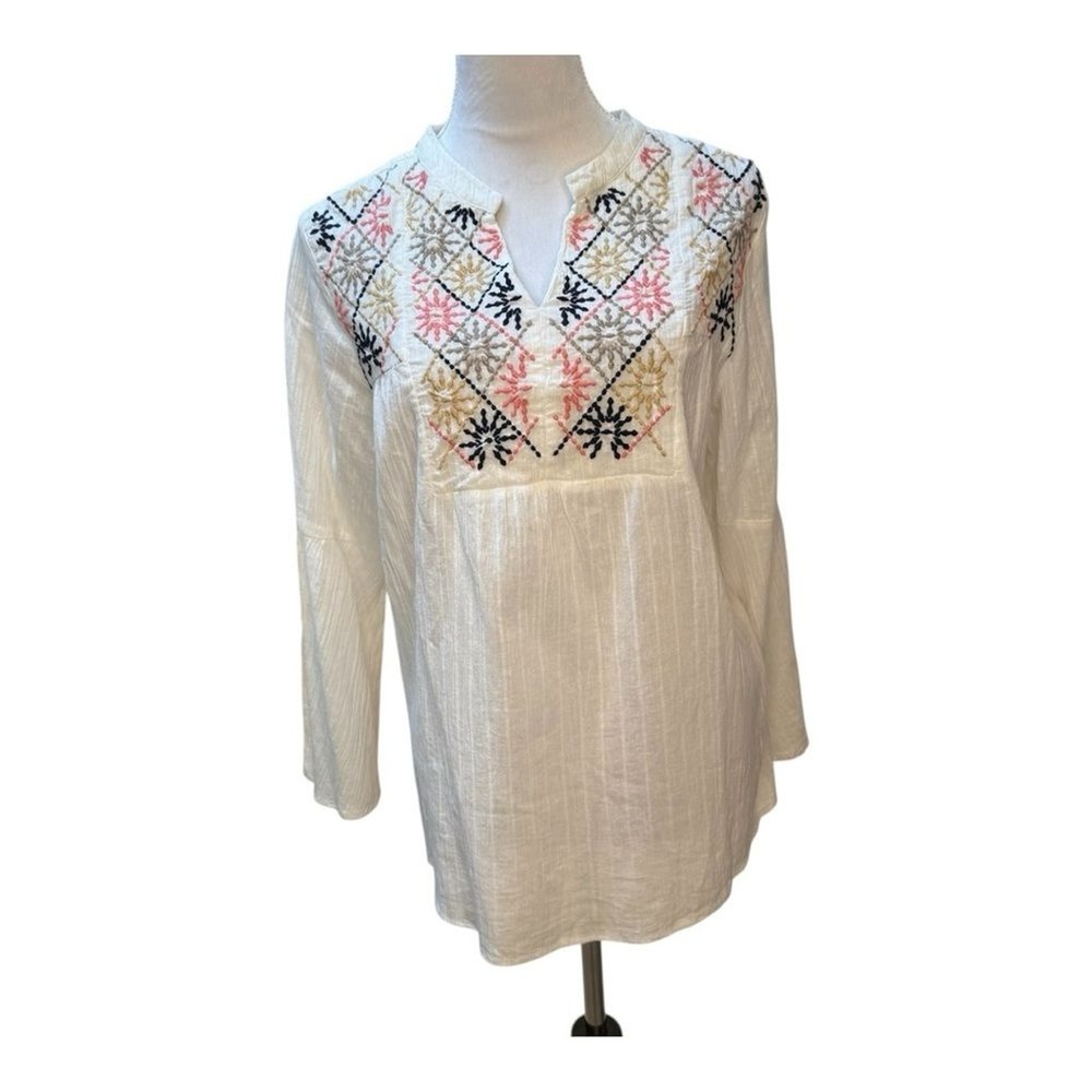 PROJECT EVE Embroidered Tunic Top Off White Bell Sleeve‎ Cotton Women's M